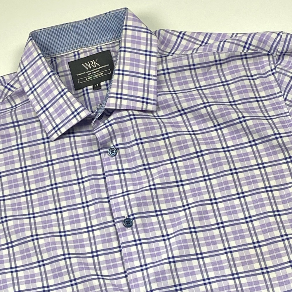 WRK Work Rest Karma 4 Way Stretch Dress Shirt Size 17 Purple Check Career Top